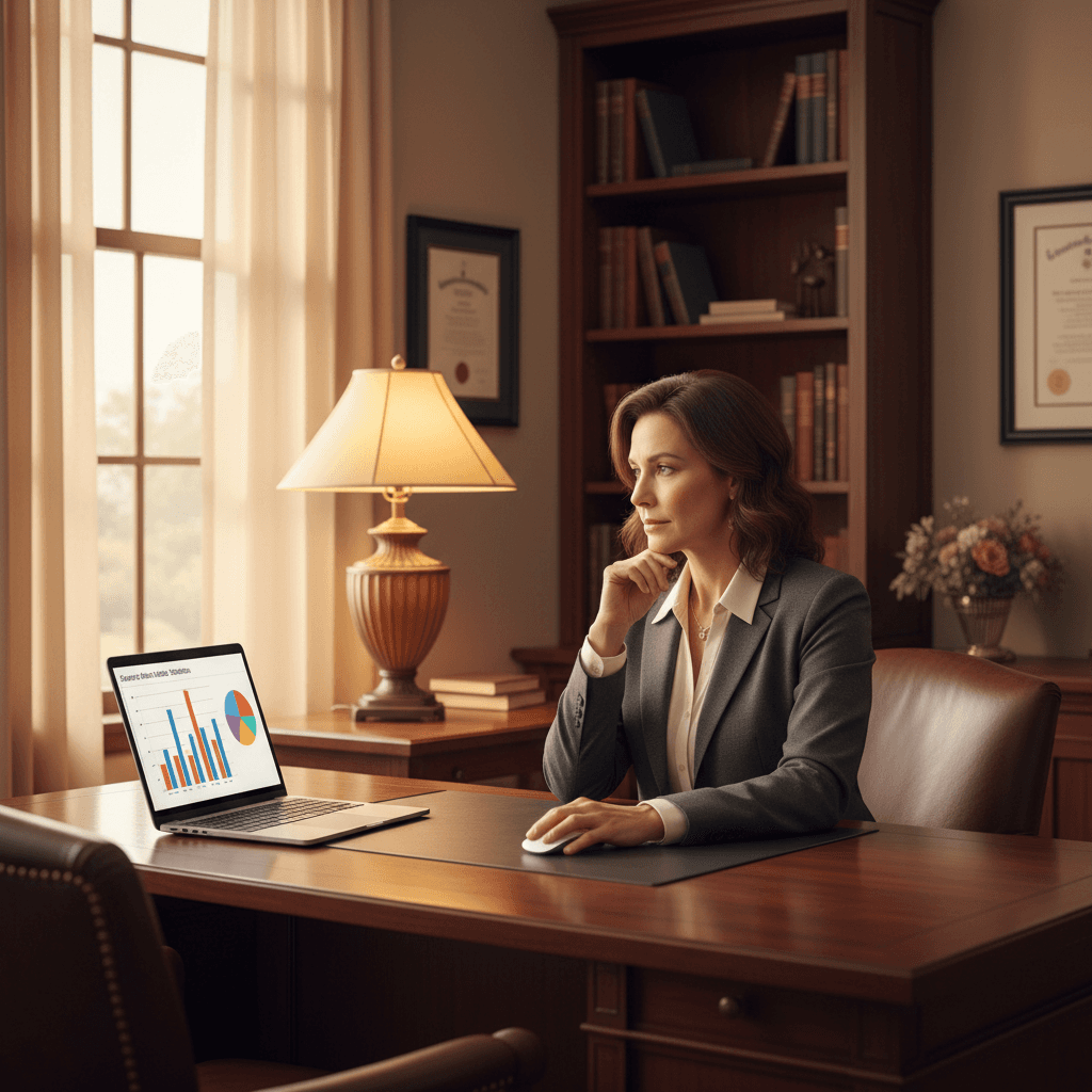 Attorney lead generation shown through a personal injury attorney reviewing case intake data in a modern law office