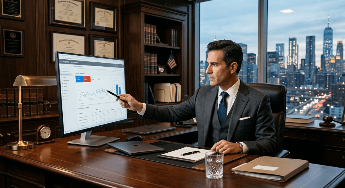 Google Ads for law firms shown through attorney reviewing campaign performance on office monitor