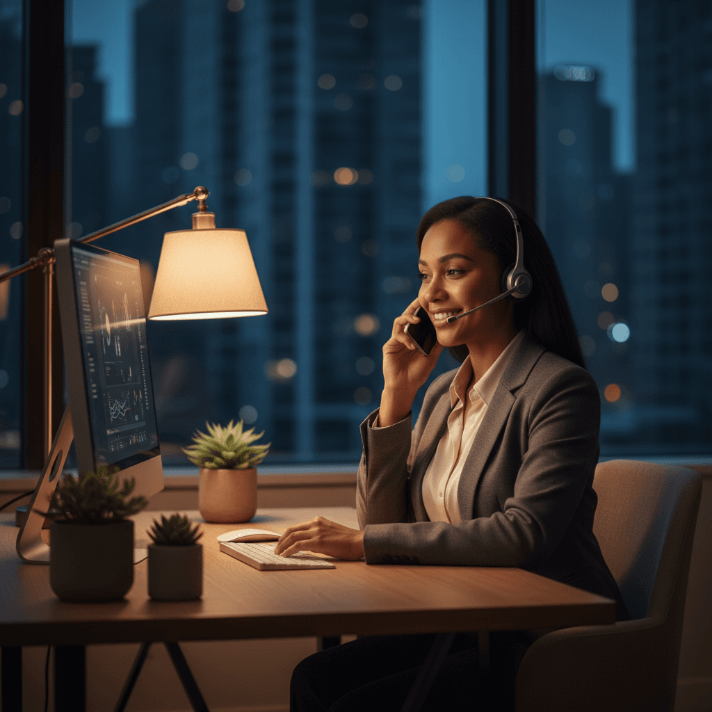 Law firm answering service shown through intake specialist taking an after-hours call in a modern office