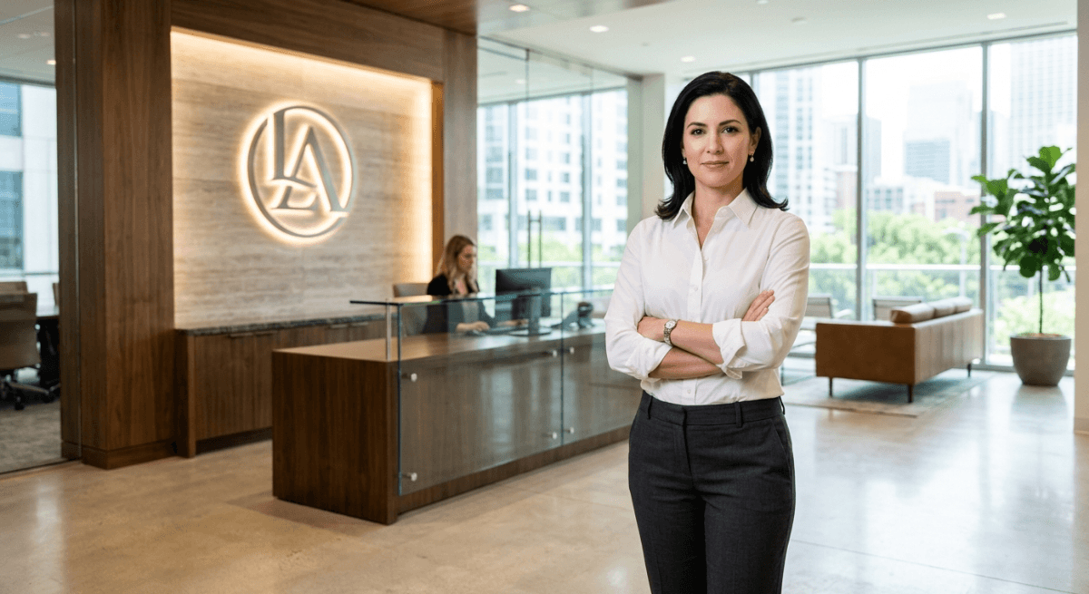 Lead generation for lawyers shown through confident attorney standing in modern law firm lobby