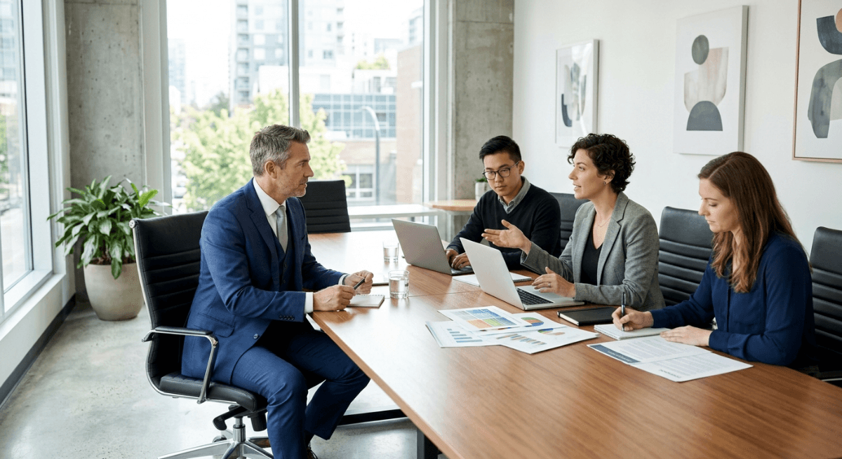 Marketing agency for law firms shown through law firm partner meeting with agency team at conference table