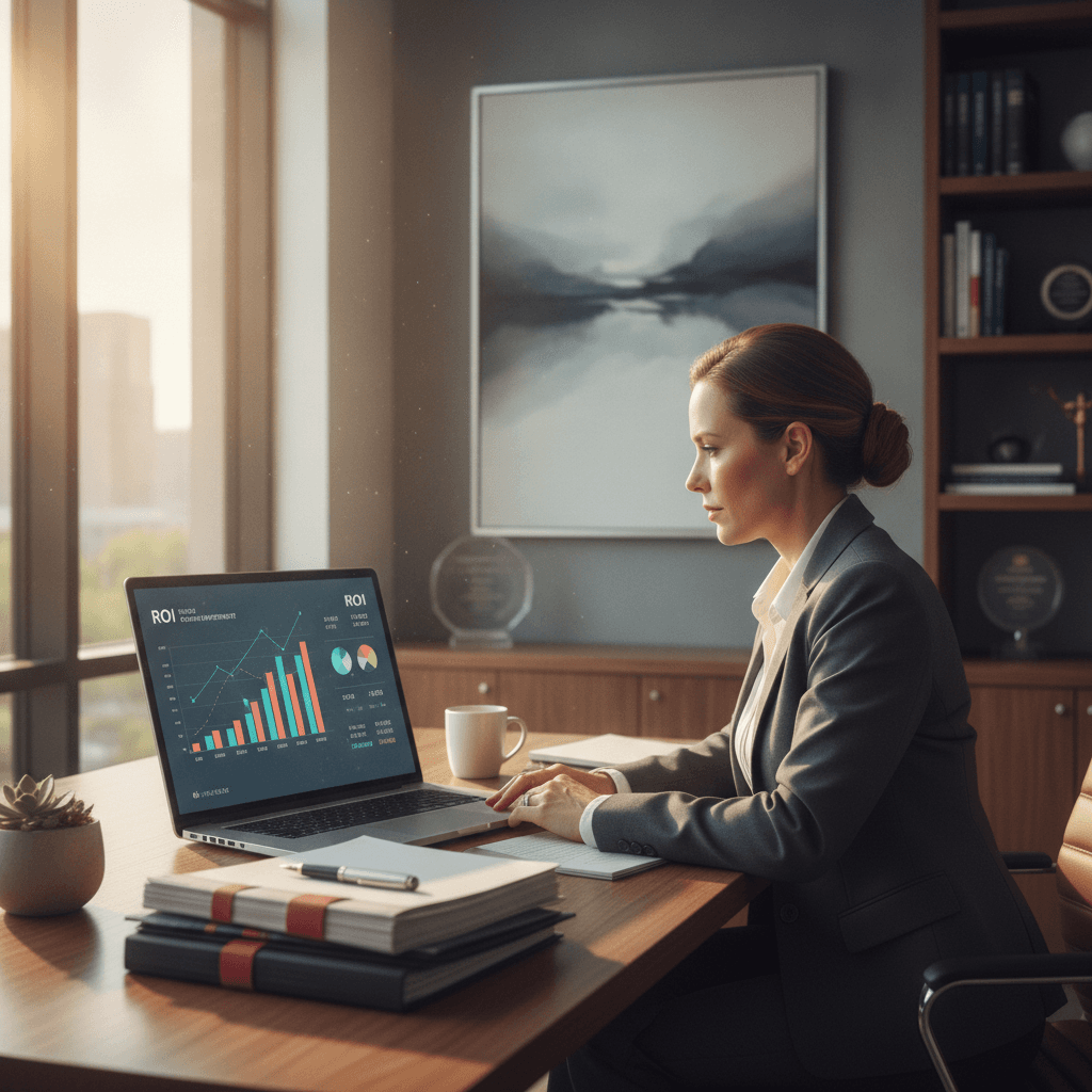 Personal injury law firm attorney reviewing marketing agency ROI reports and performance data on a laptop