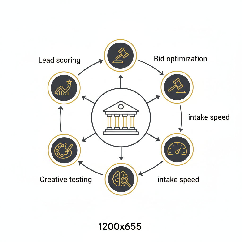 AI-powered legal marketing agency illustrated through a diagram mapping lead scoring, bid optimization, creative testing, intake, and AI search