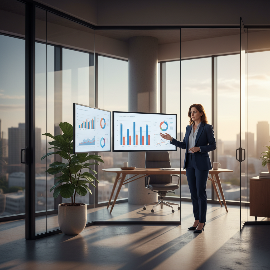 AI-powered legal marketing agency shown through a strategist reviewing live campaign dashboards in a modern law office