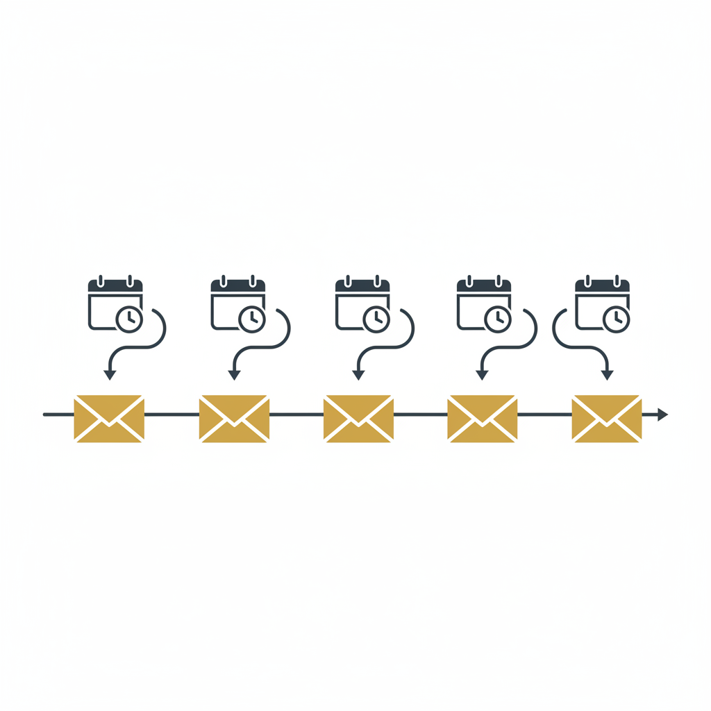 Attorney email marketing illustrated through a five-email intake drip timeline from inquiry to consultation
