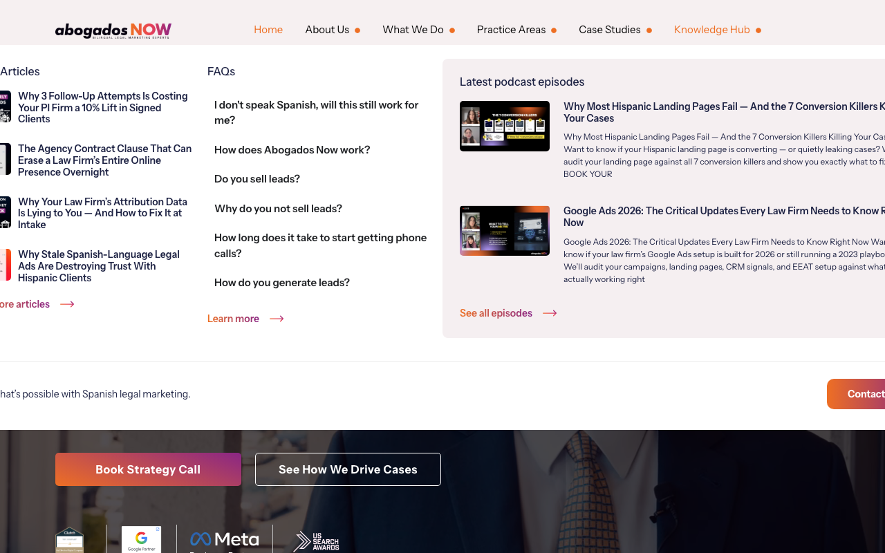 Abogados Now homepage, Hispanic and Spanish-speaking law firm marketing agency