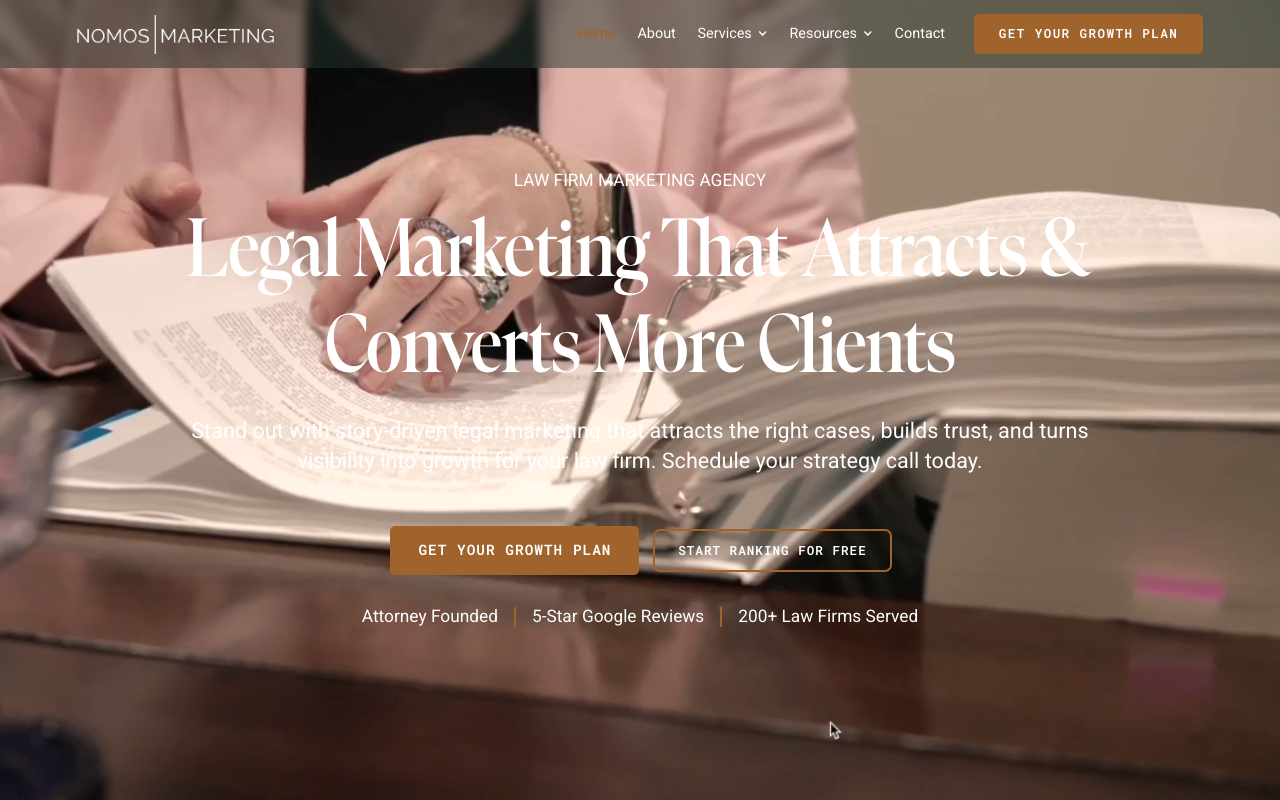 Nomos Marketing homepage, boutique law firm marketing agency