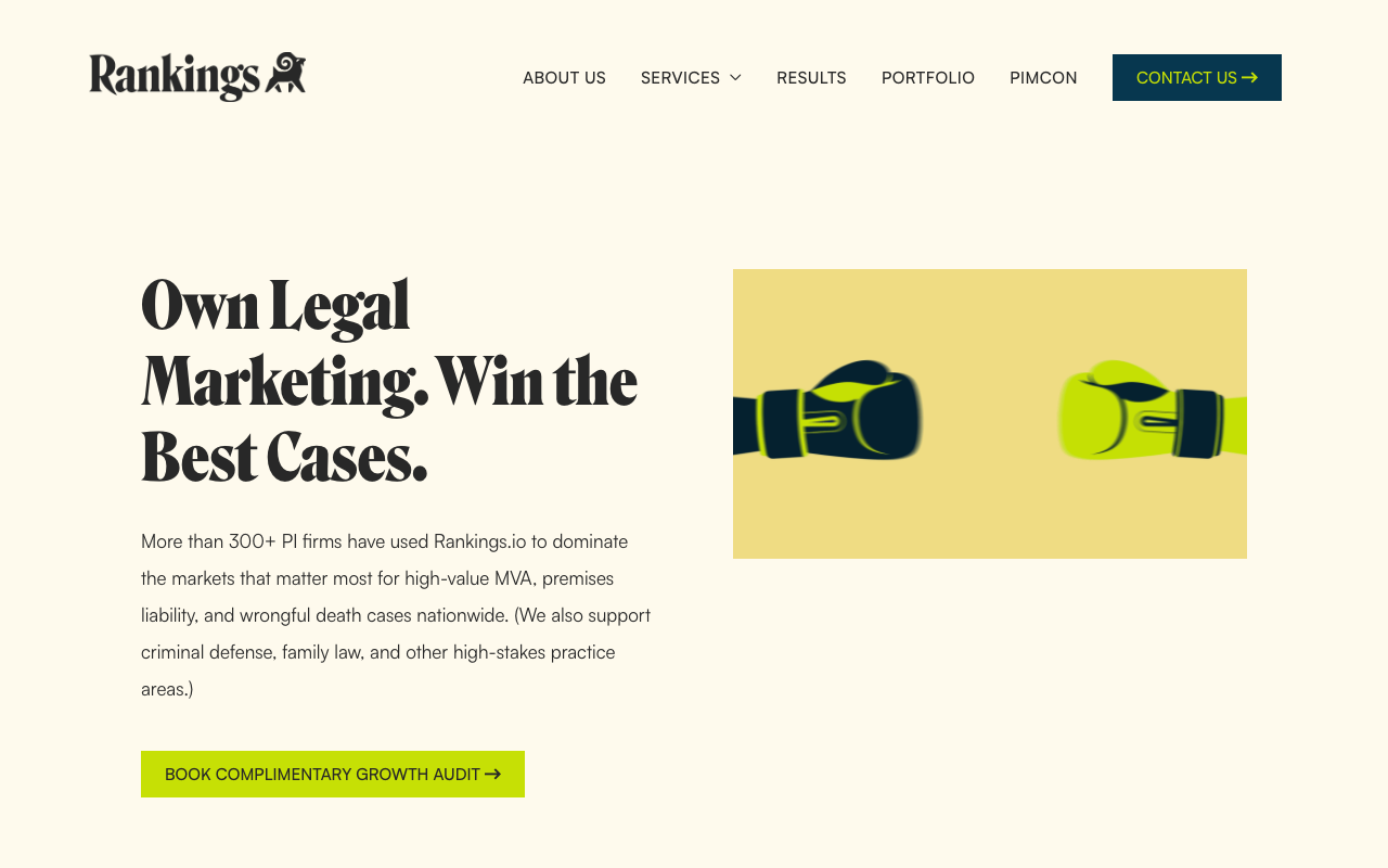 Rankings.io homepage, personal injury SEO agency for law firms
