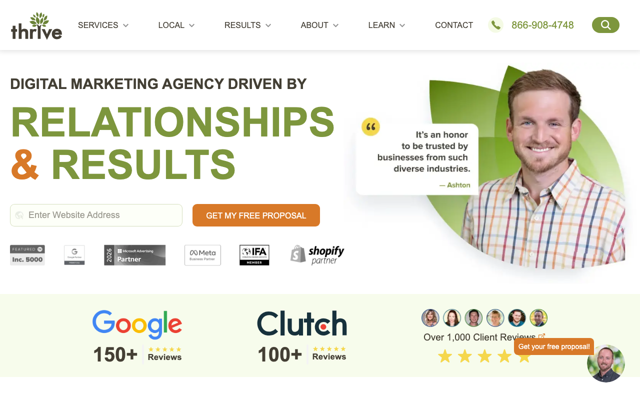 Thrive Agency homepage, full-service digital marketing agency