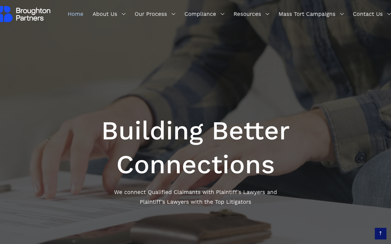 Broughton Partners homepage, mass tort and personal injury case acquisition