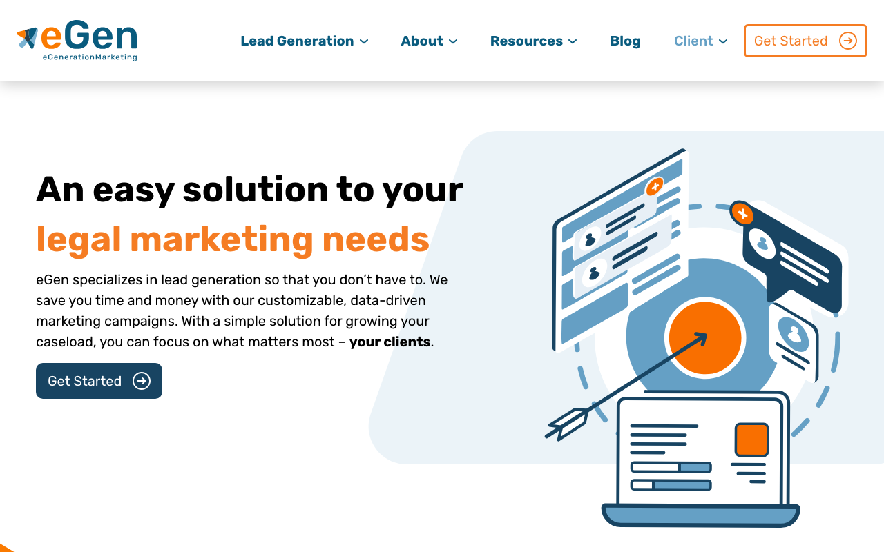 eGeneration Marketing homepage, legal case lead generation for attorneys