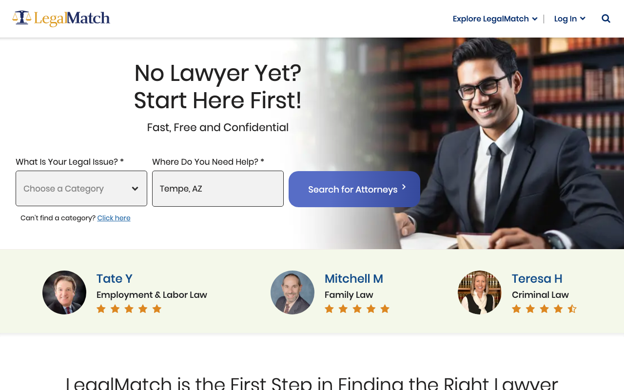 LegalMatch homepage, consumer to attorney matching marketplace