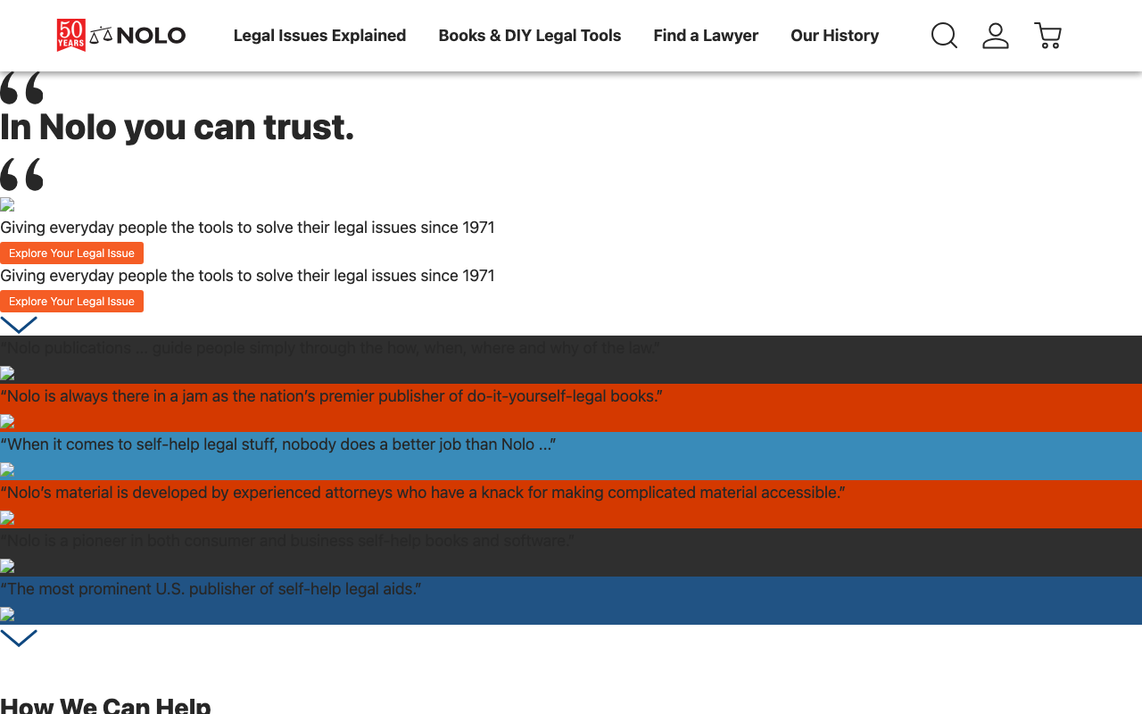 Nolo homepage, legal directory in the Martindale-Avvo attorney lead network