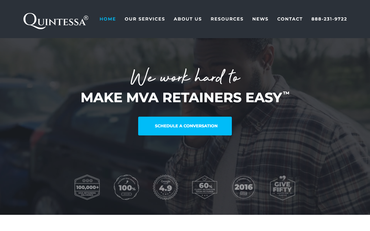 Quintessa Marketing homepage, premium MVA retainers for personal injury law firms
