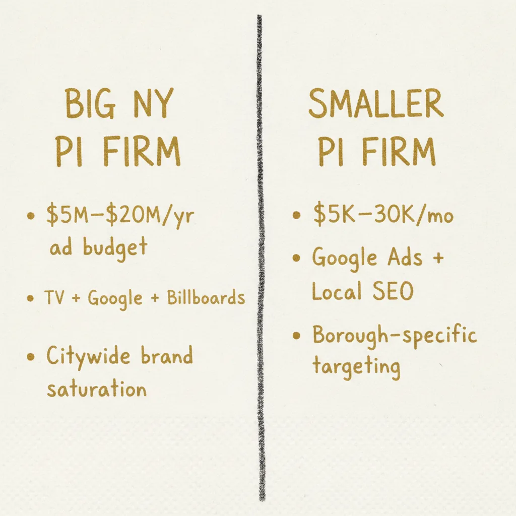 Comparison diagram of advertising strategies between the biggest personal injury law firms in New York and smaller PI firms