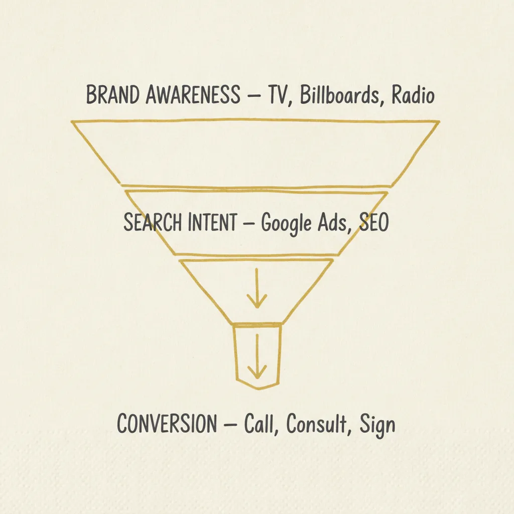 Funnel diagram showing the three-stage marketing strategy used by the biggest personal injury law firms in New York, from brand awareness to search intent to conversion