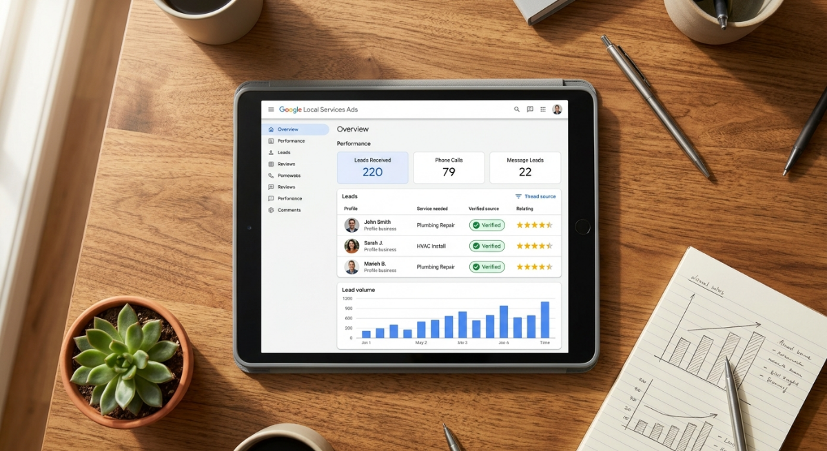 Digital marketing for personal injury lawyers featuring Google Local Services Ads dashboard on tablet