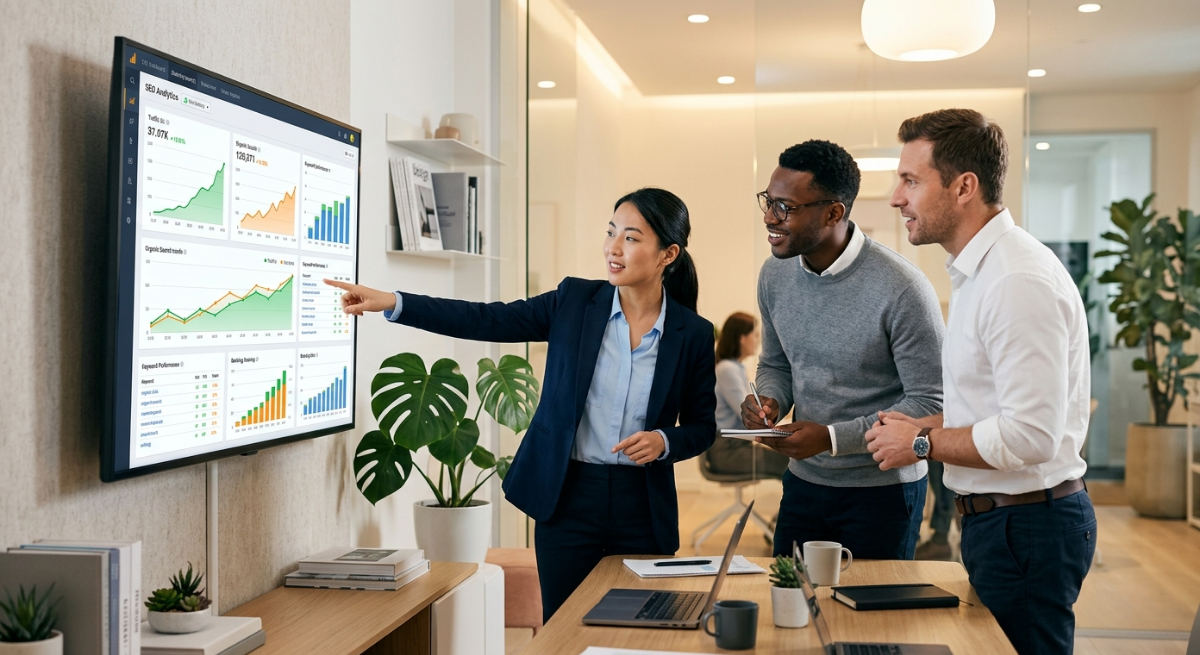Digital marketing for personal injury lawyers team reviewing SEO analytics dashboard