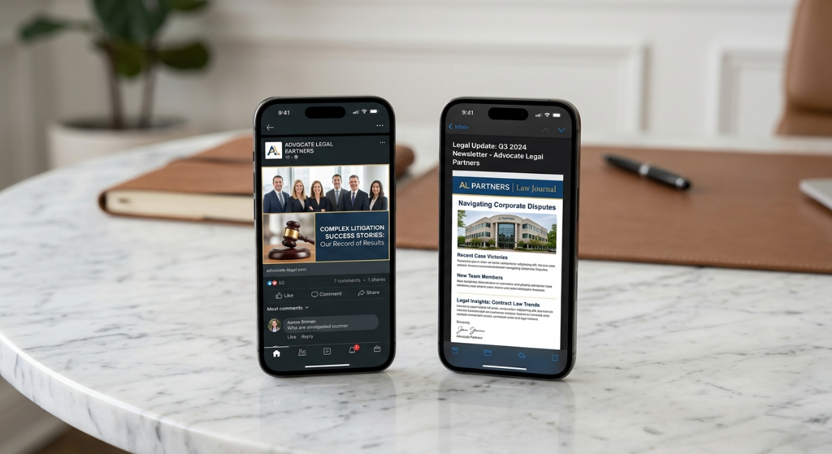 Digital marketing for personal injury lawyers social media and email nurture shown on smartphones