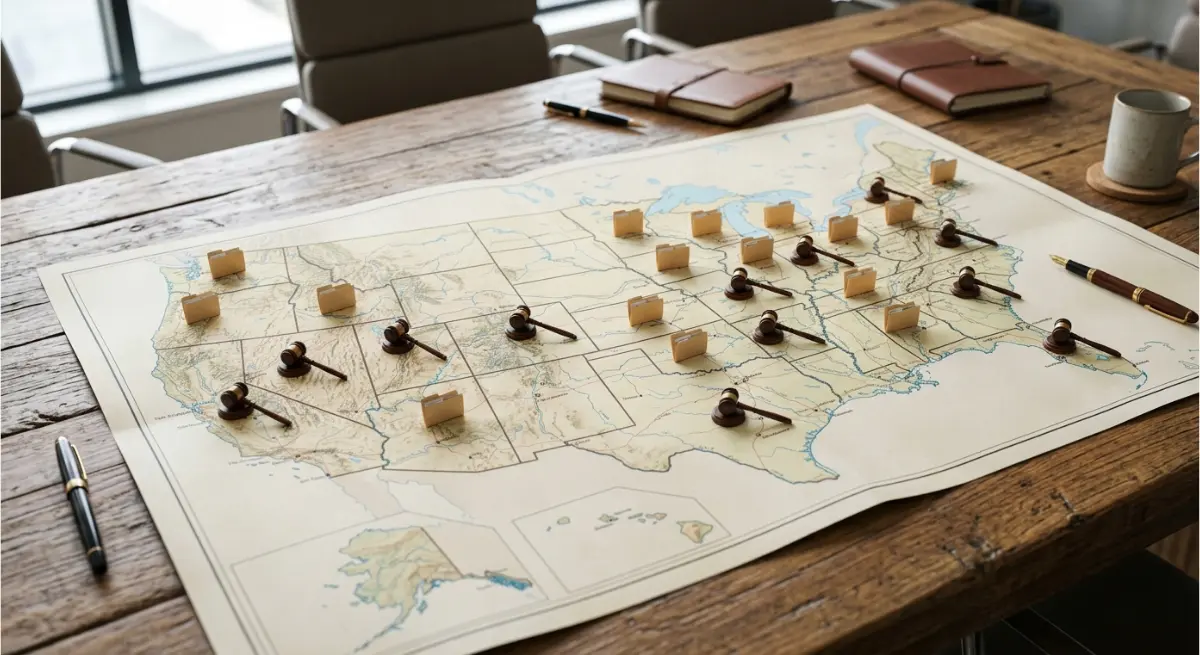 Facebook ads for personal injury lawyers state bar compliance illustrated through U.S. map