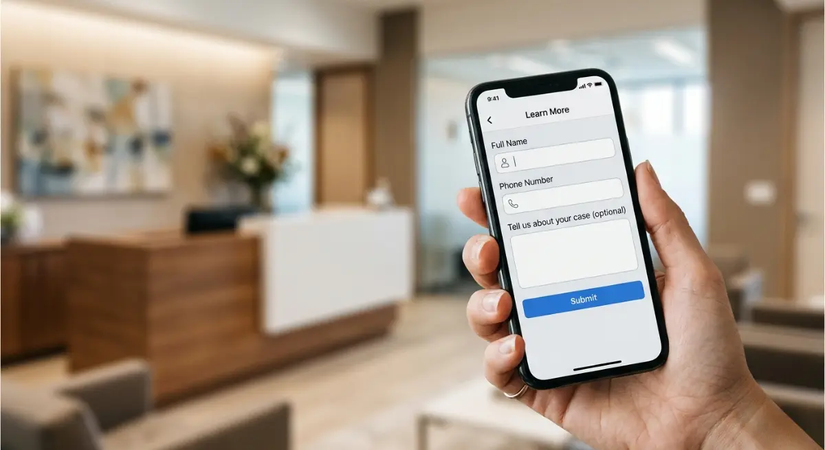 Facebook ads for personal injury lawyers lead form displayed on mobile phone