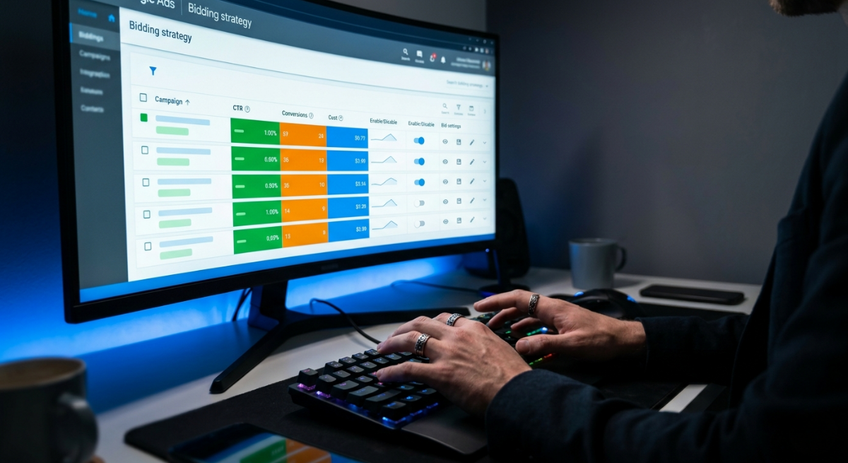 Google Ads for law firms smart bidding strategy shown through campaign dashboard on monitor