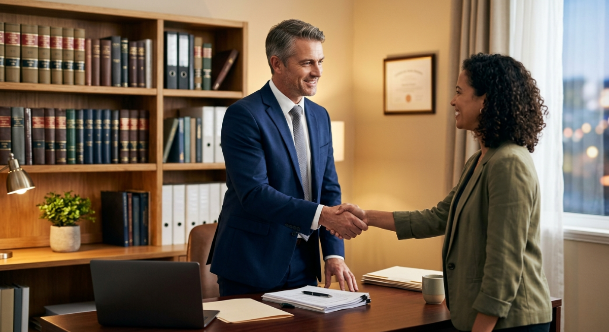 Google Ads for law firms converting leads to signed cases shown through lawyer client handshake