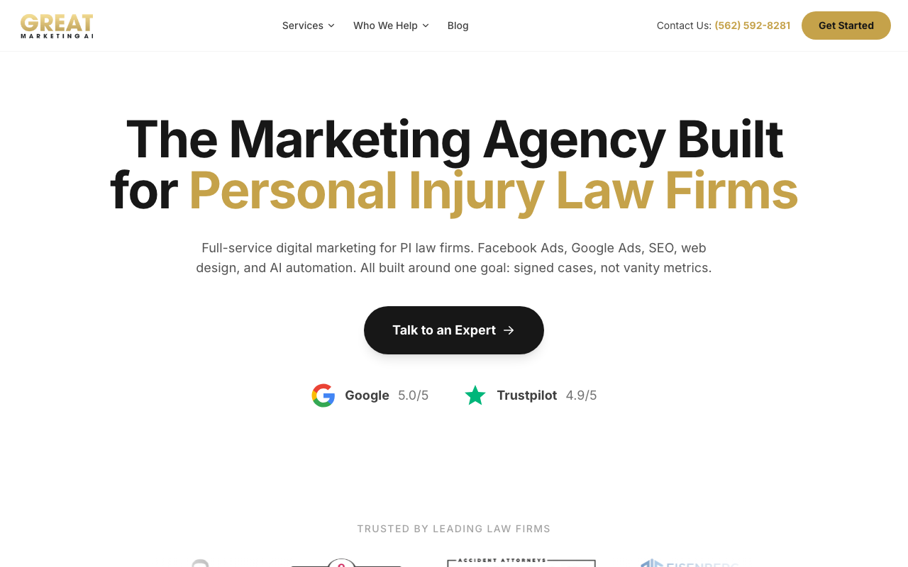 Great Marketing AI homepage, personal injury marketing agency for Spanish-speaking MVA clients