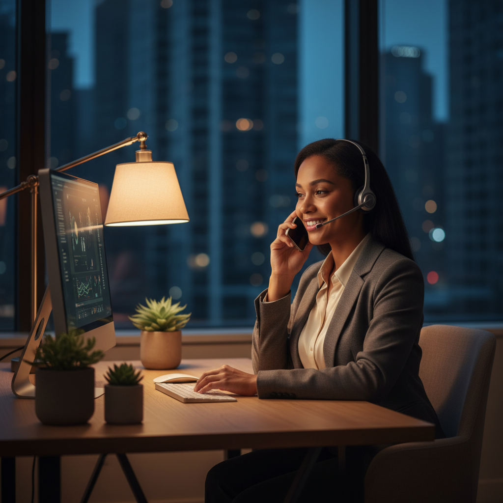 Law firm answering service shown through intake specialist taking an after-hours call in a modern office
