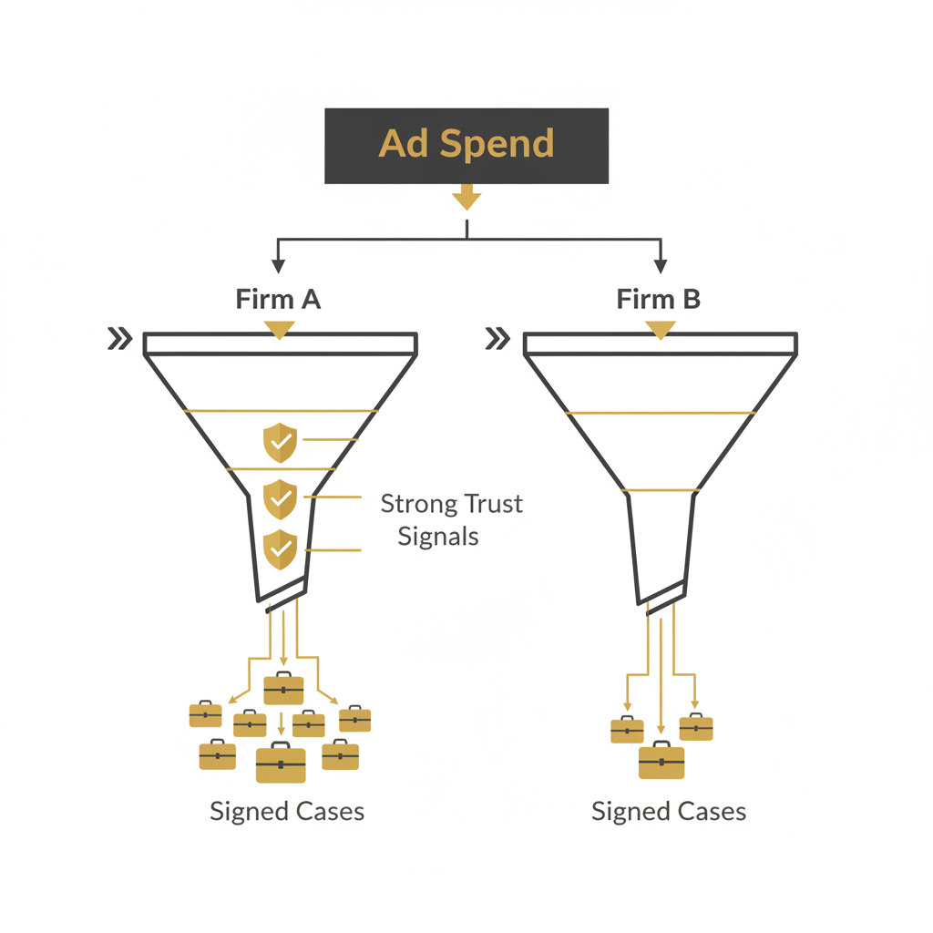 Law firm branding illustrated through a funnel comparing two firms converting the same traffic into signed cases