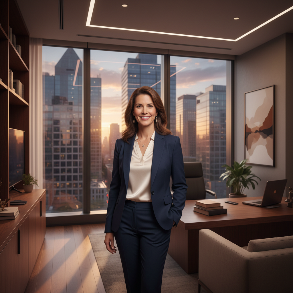 Law firm branding shown through a confident personal injury attorney in a modern warmly lit office