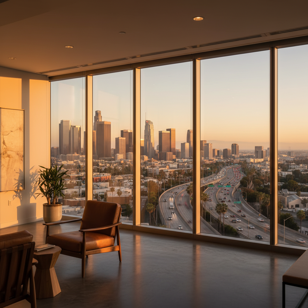 Law firm marketing in Los Angeles illustrated through a downtown LA skyline at golden hour seen from a personal injury firm office