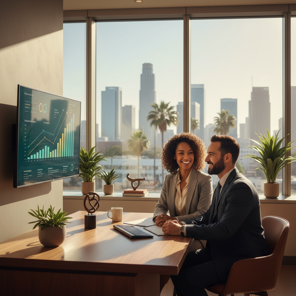 Law firm marketing in Los Angeles shown through an attorney and bilingual intake specialist reviewing a signed-case growth dashboard