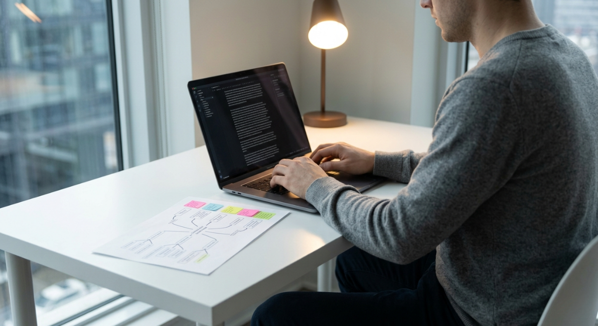 Law firm SEO content marketing shown through writer drafting legal blog article at minimalist desk