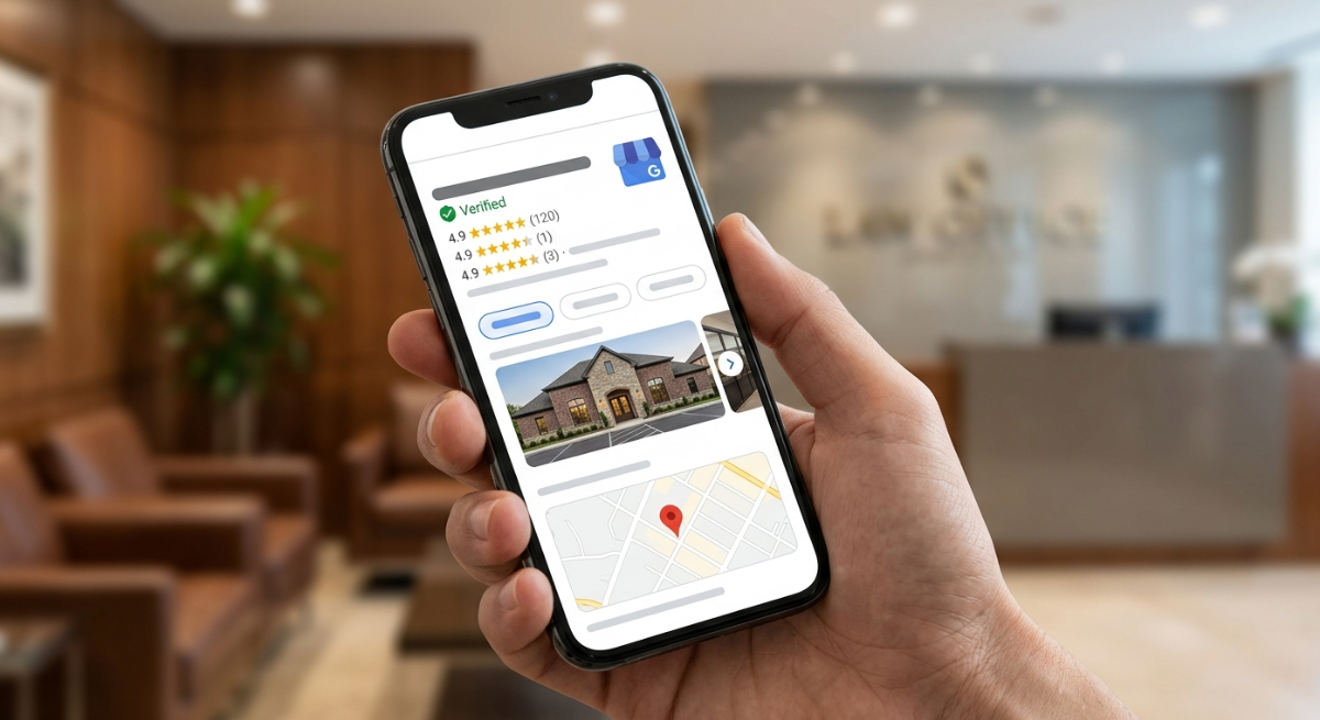 Law firm SEO local SEO shown through Google Business Profile displayed on smartphone