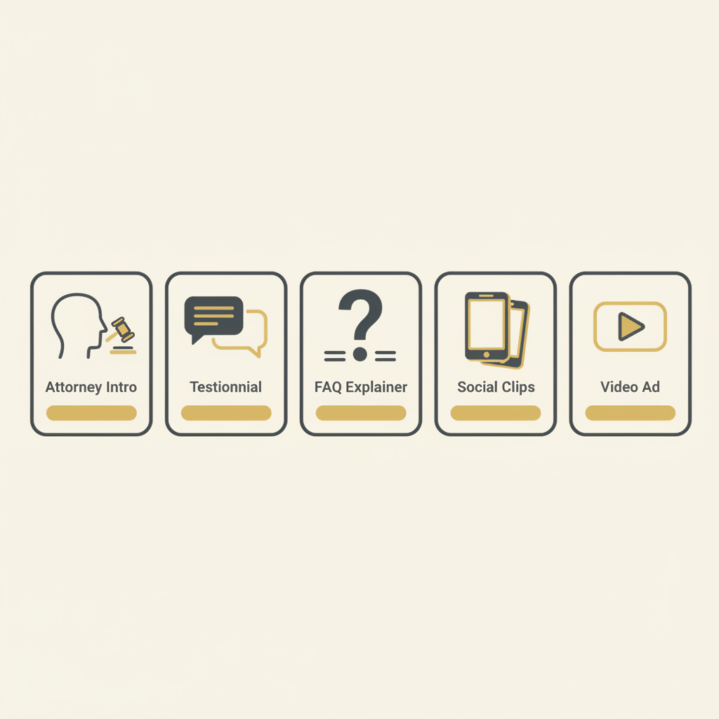 Law firm video marketing illustrated through five content types arranged as a framework from intro video to paid ad