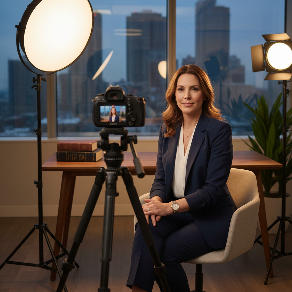 Law firm video marketing shown through a personal injury attorney recording a piece-to-camera intro video in a modern office