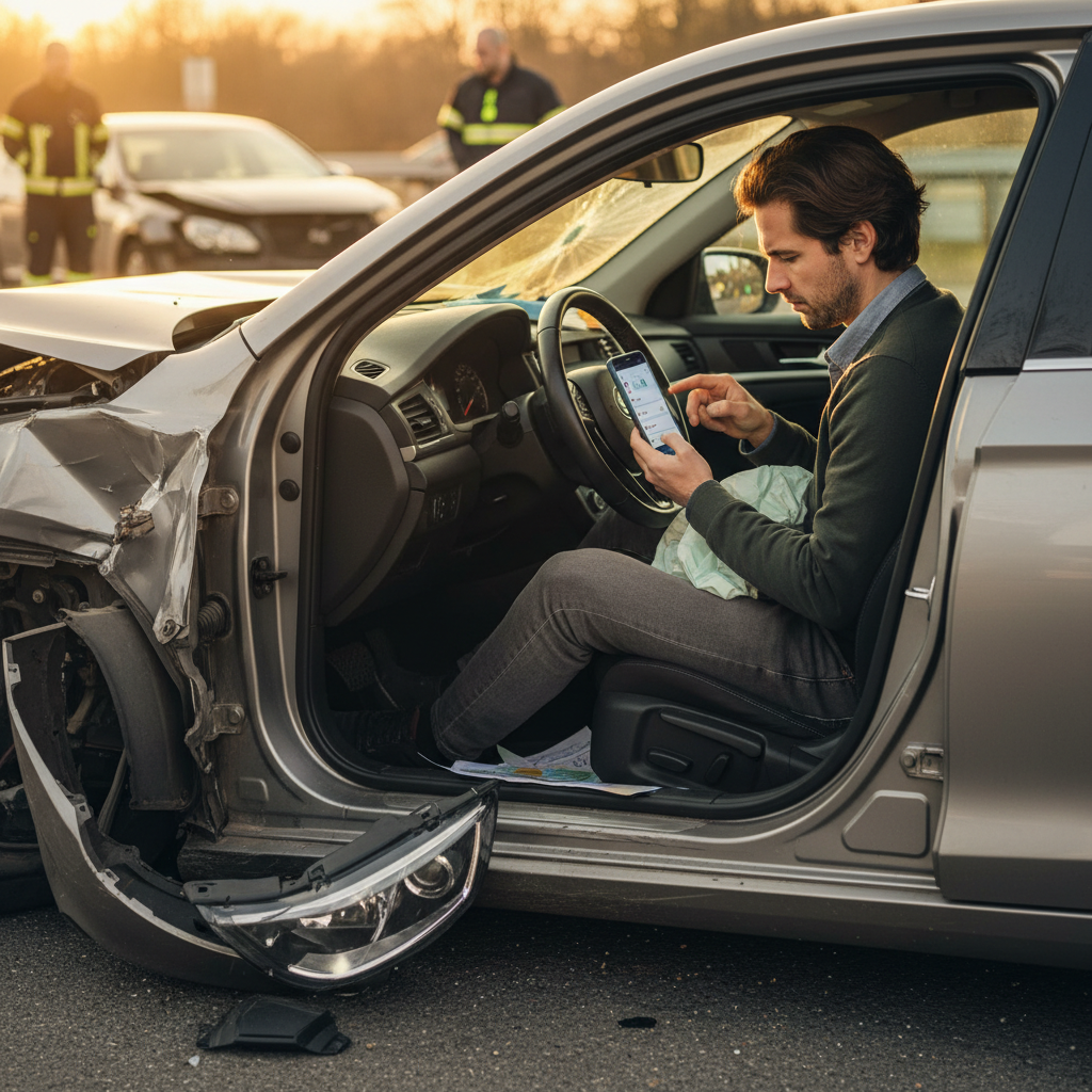 Lawyer reputation management shown through a motor vehicle accident victim comparing law firm star ratings on a phone