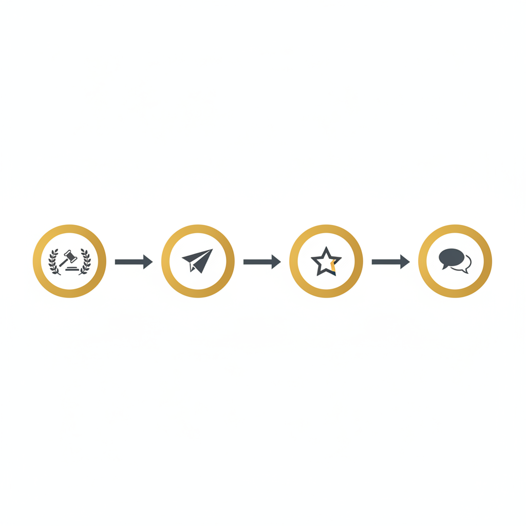 Lawyer reputation management illustrated through a review request workflow from resolved case to firm response