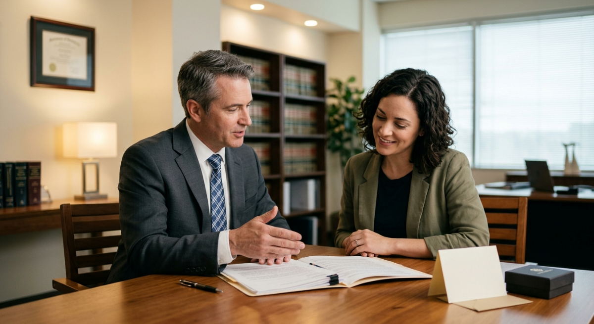 Lead generation for lawyers referral network shown through attorney and client consultation meeting
