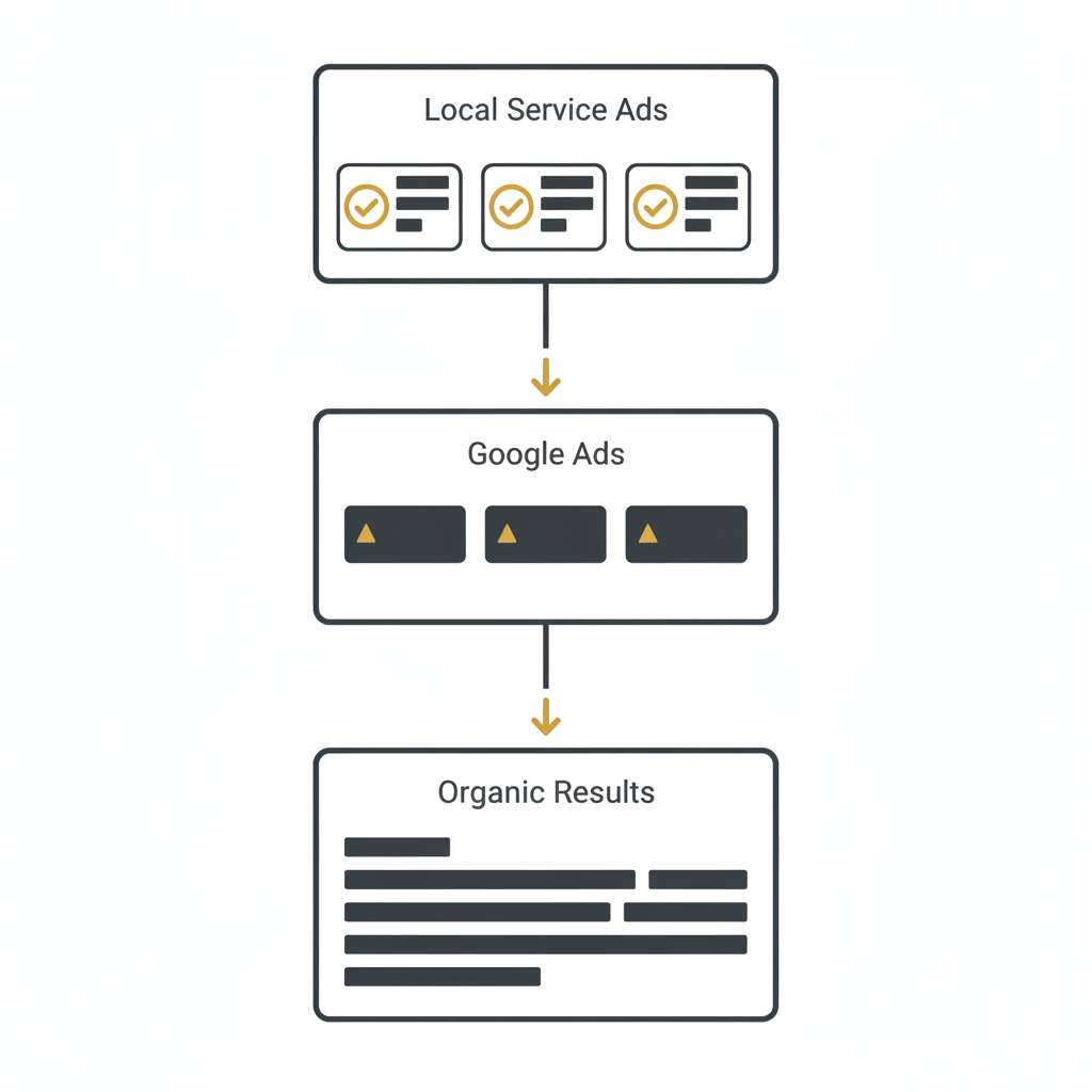local service ads vs google ads shown through a search results page diagram with LSAs stacked above paid search and organic listings