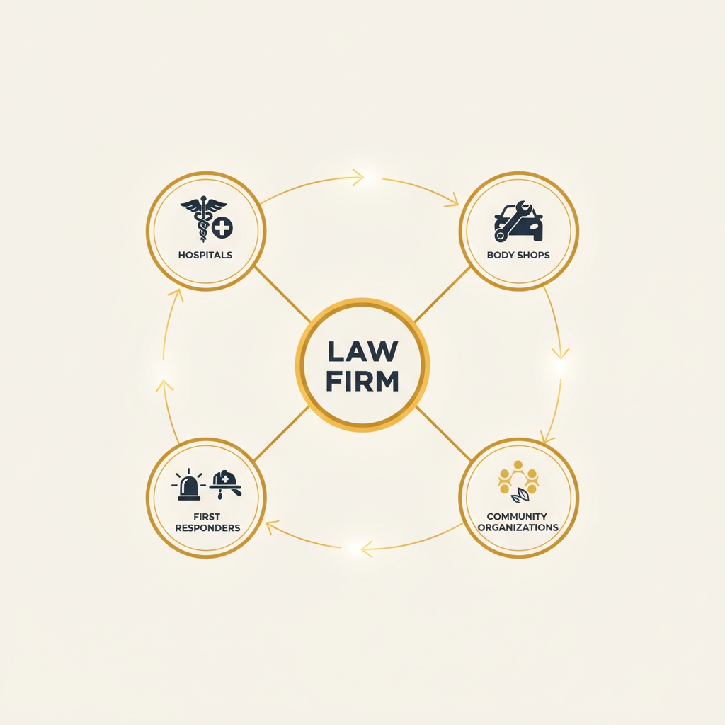 MVA leads for law firms referral network diagram showing body shops, hospitals, and community organizations as lead sources