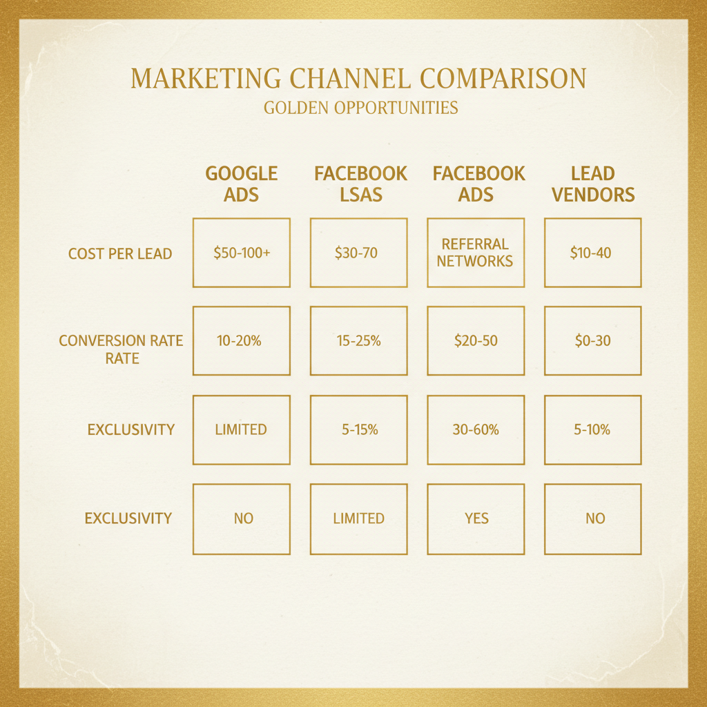 MVA leads for law firms channel comparison showing cost and conversion data across five channels