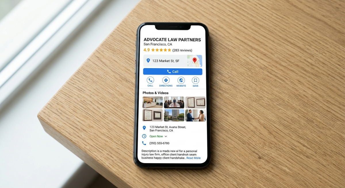 Personal injury SEO Google Business Profile optimization shown on smartphone screen