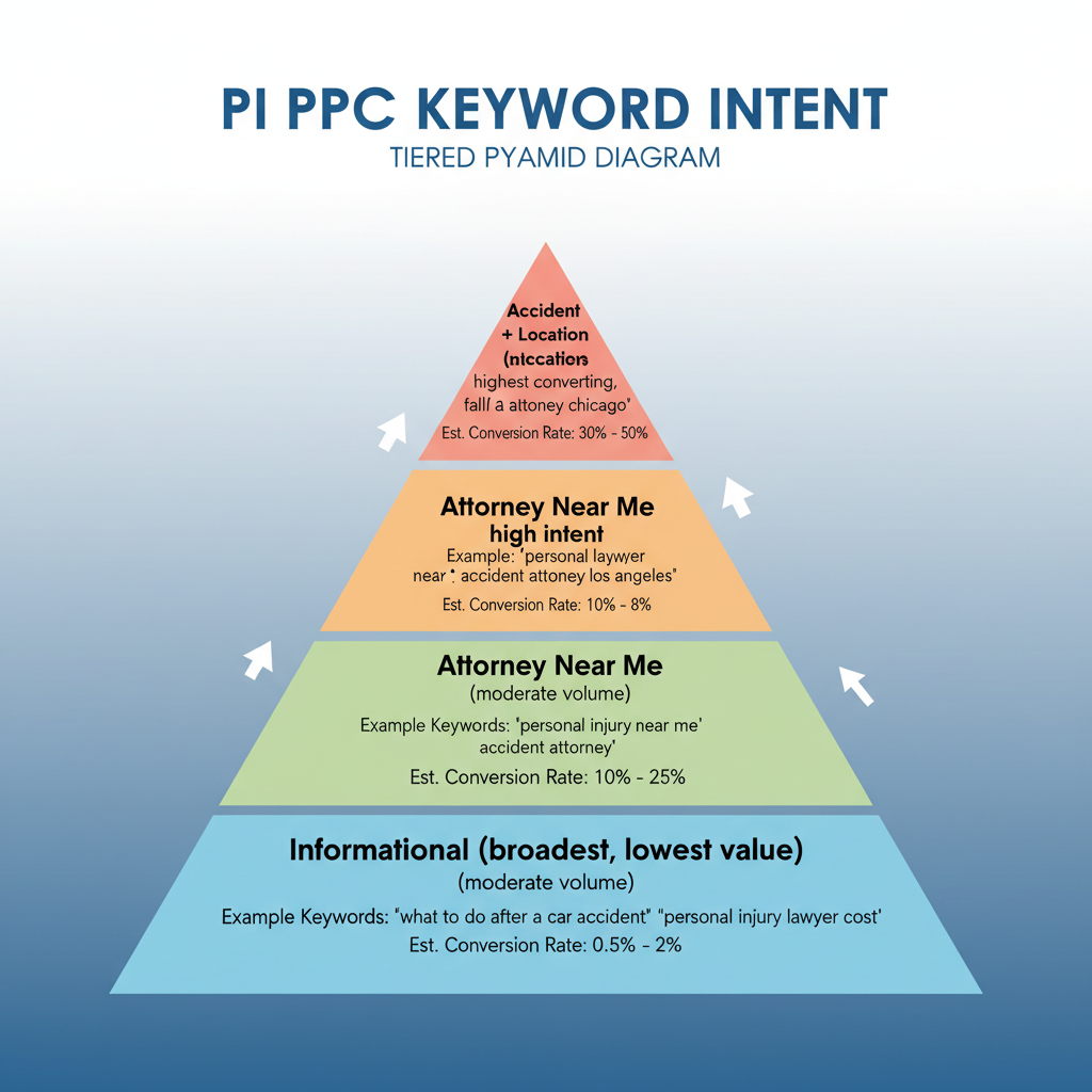 PPC for personal injury lawyers keyword intent tier pyramid showing four conversion levels