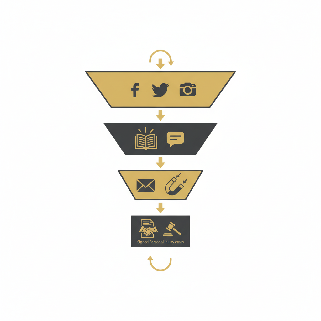 Social media marketing for law firms illustrated through a funnel turning platform reach into signed personal injury cases