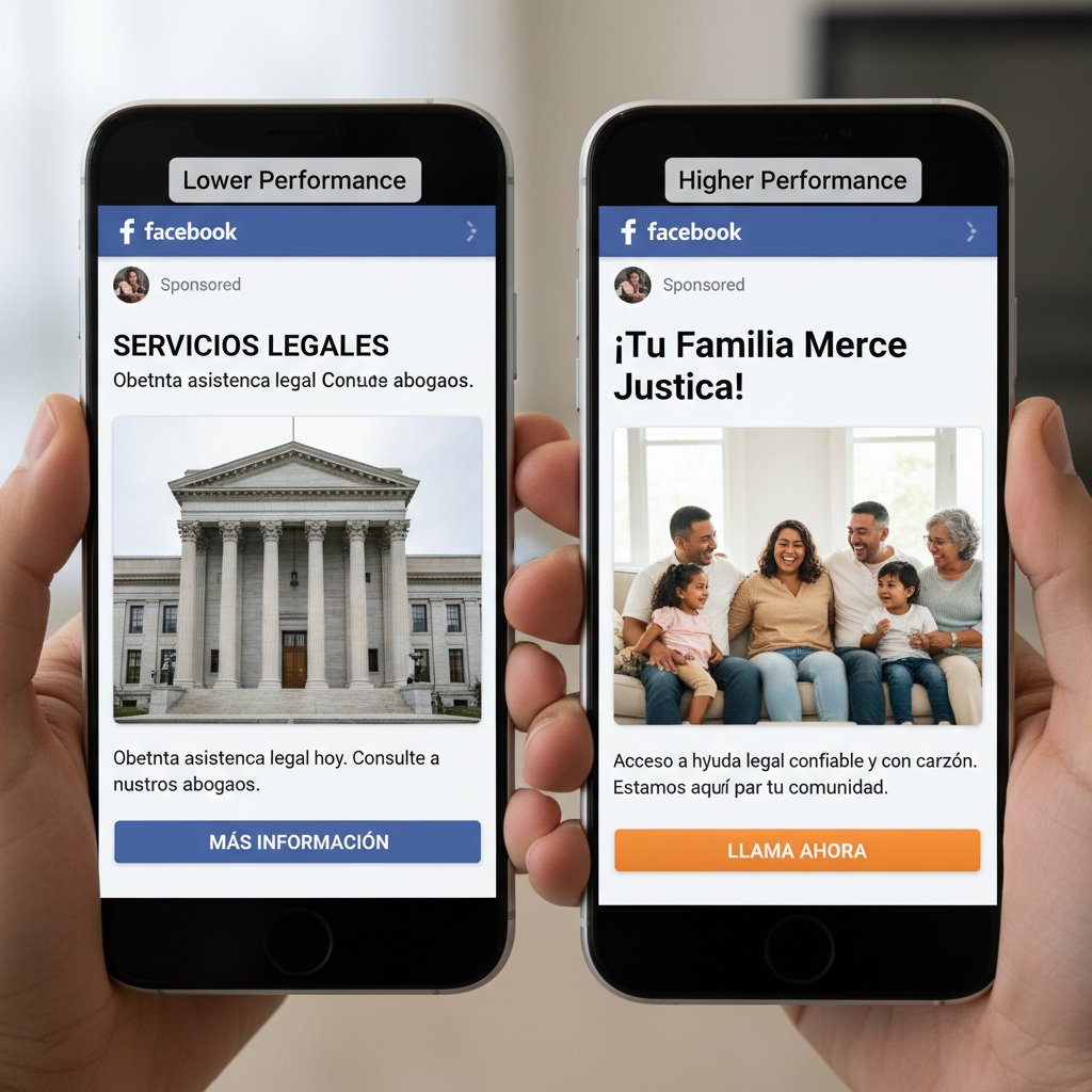 Spanish-speaking personal injury lawyer marketing Facebook ad comparison showing translated vs. transcreated creative
