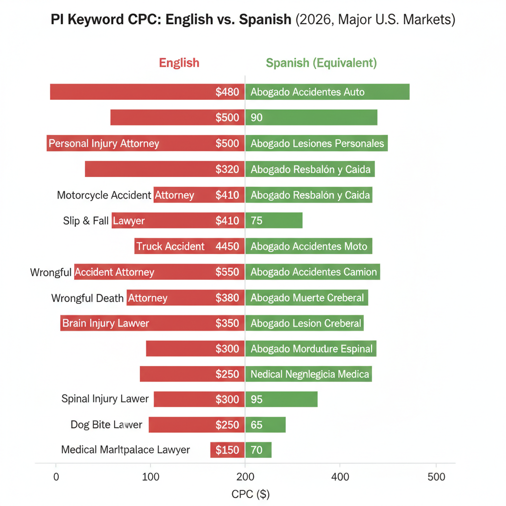 Spanish-speaking personal injury lawyer marketing CPC comparison chart showing 40-60% lower costs for Spanish keywords